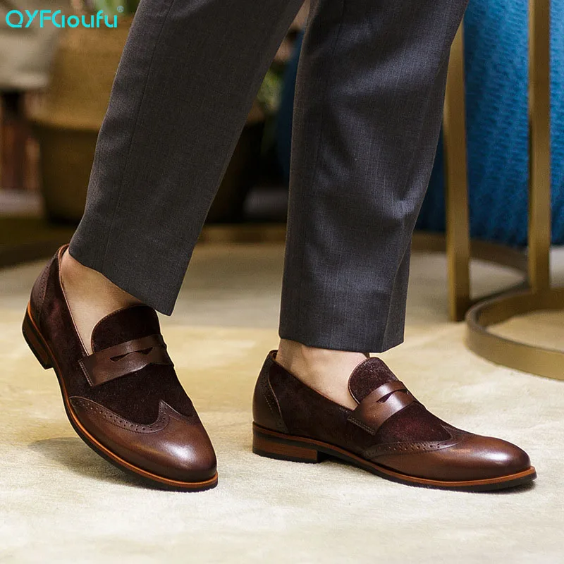 

Brand Genuine Leather Business Men Dress Shoes Retro Splice Oxford Shoes For Men Luxury Italian Slip-on Brogue Shoes