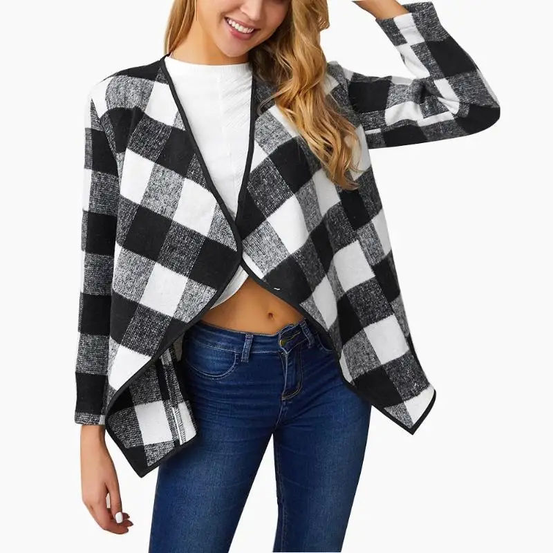 Very best Plaid Waterfall Collar Lapel Woolen CoatsFashion Ladies Autumn Spring Irregular Cardigan Tops Women