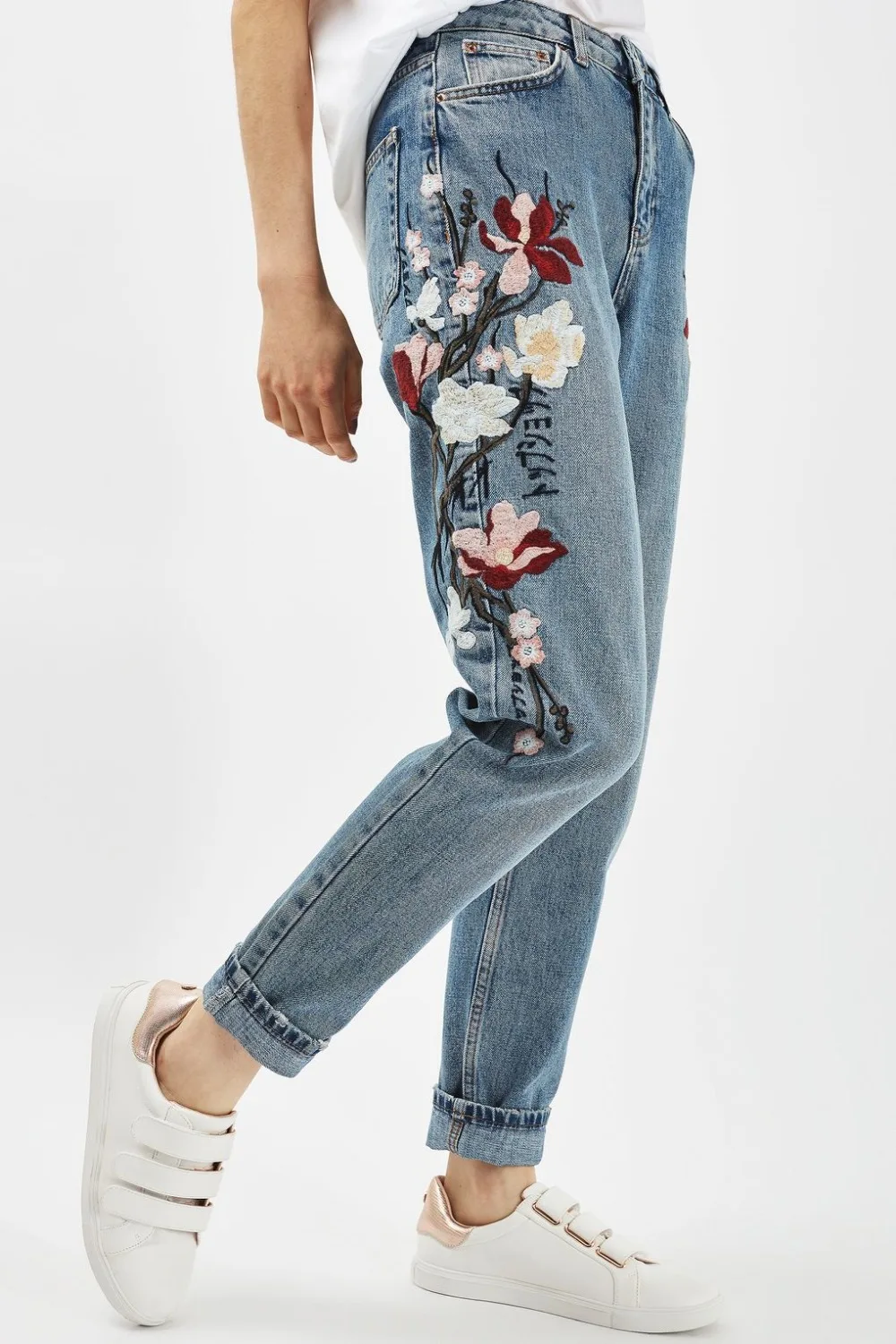 WISHBOP 2017 NEW Woman Fashion Light blue Washed denim Sides Flowers