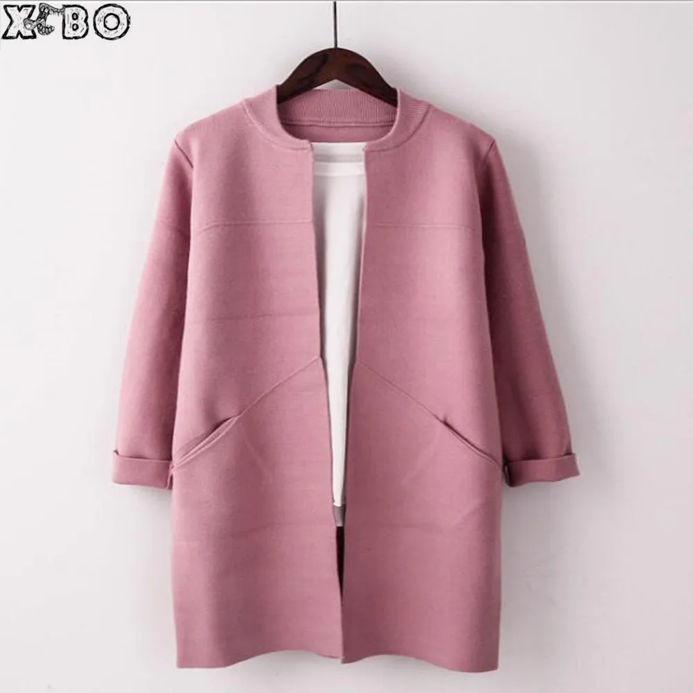 Discounts 2016 New Autumn Winter Women Solid Sweater Cardigan O Neck Long Design Female Knitted Sweater Pink Gray Black Cardigan Feminino