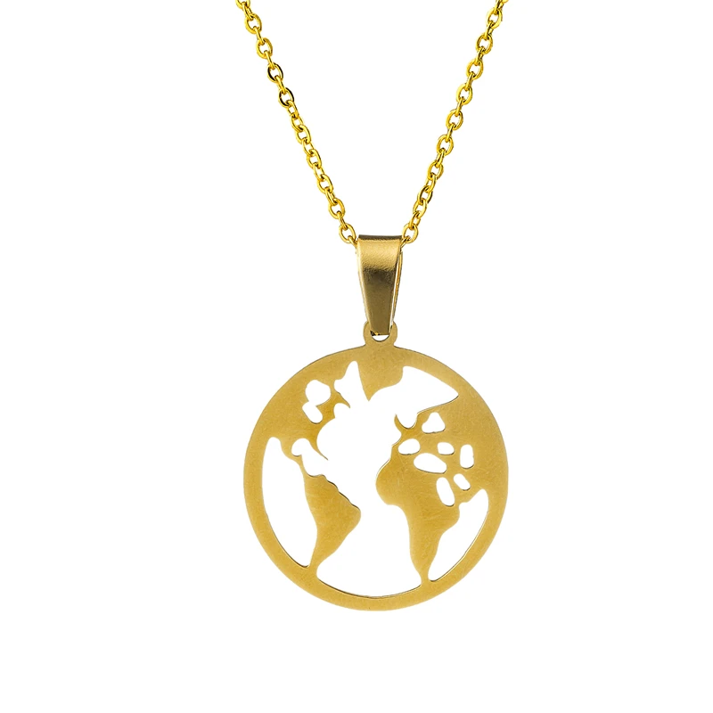 

3 Solid Color World Map Pendant Necklaces Gold Silver Rose Gold Link Chain Charm Necklaces For Women Men Stainless Steel Jewelry