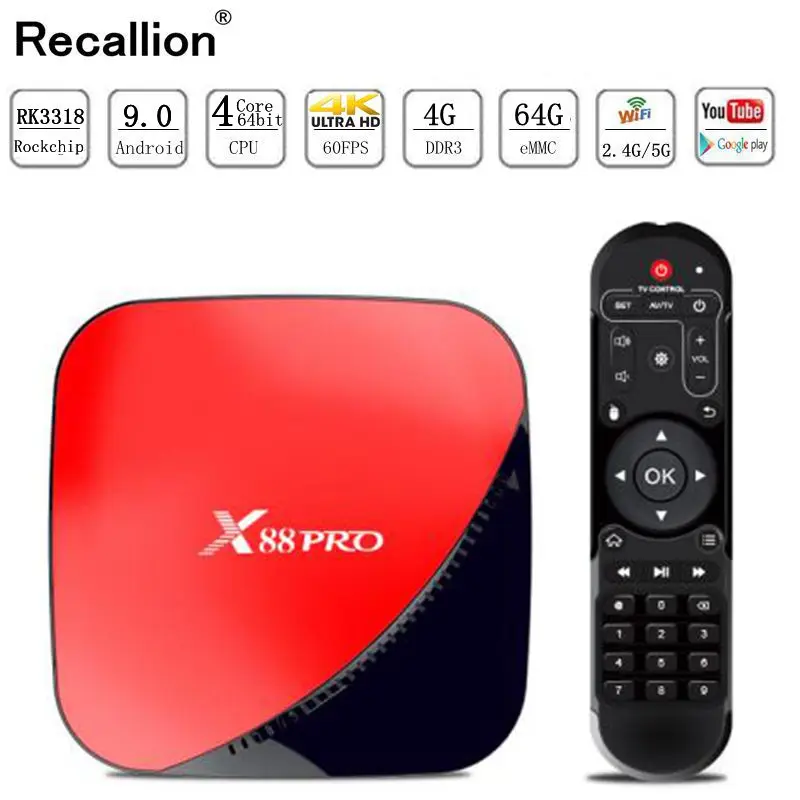 

2019 X88 pro Android 9.0 TV Box 4G 64G Rockchip RK3318 4 Core 2.4G&5G Wifi 4K HDR Set Top Box USB 3.0 Support 3D Movie Ott Box