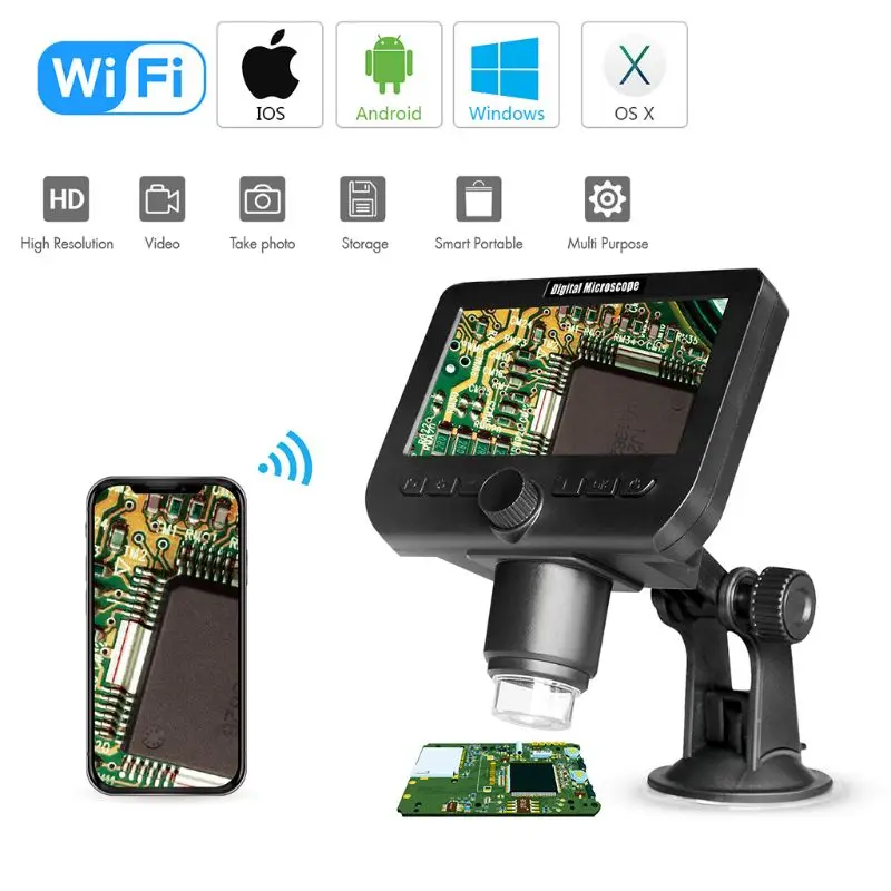 

1000X 2MP Wireless WiFi Microscope 4.3 HD Screen 8 LED 1080p Camera Magnifier w Suction Cup Base for iOS Android Windows Mac