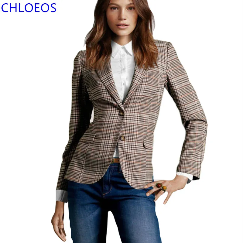 New 2017 Women Vintage Plaid Elbow Patch Two Button Blazer Ladies