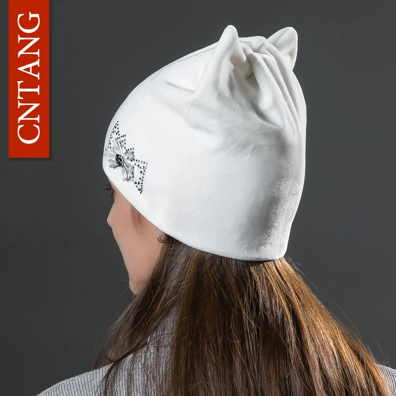 CNTANG Cute Cat Ears With Flower Caps Winter Warm Women Hats Flannel Autumn Beanies Fashion Girls Hat Velvet Skullies For Female 4
