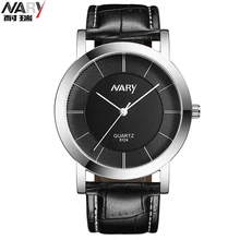 Nary marque en cuir montres hommes Casual Quartz montre hommes horloge noir et blanc cadran