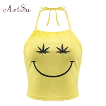 ArtSu Smile Face Cute Crop Top Summer Sexy Backless Beach Halter Tank Top Yellow Sleeveless Off Shoulder Tops Cotton ASVE20184