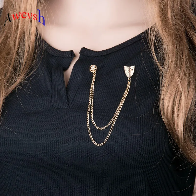 

Awevsh 2019 Fashion gold color men brooch rhinestone mask Dragonfly chain tassel brooches lapel pins for women men suit a