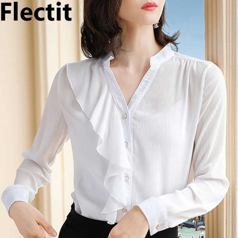 

Flectit Ruffled V Neck Blouse Women Airy Chiffon Long Sleeve Slim Fit Tops and Blouses Female Work Wear Plus Size XXL *