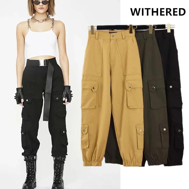 

Withered ins vintage fashion blogger high waist belt big pocket cargo pants women pantalones mujer pantalon femme trousers women