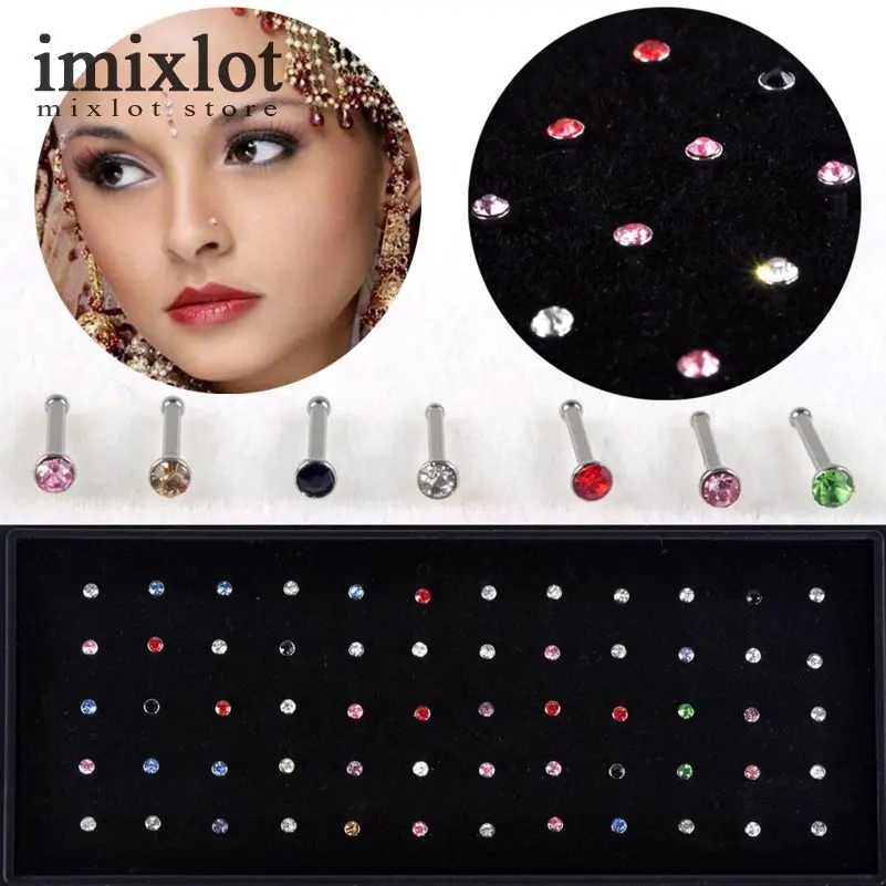

1 Pack of 60/40 PCS Crystal Rhinestone Bulk Bone Straight Stud Bar Piercing Nose Ring 2 Colors 2017 Hot Selling