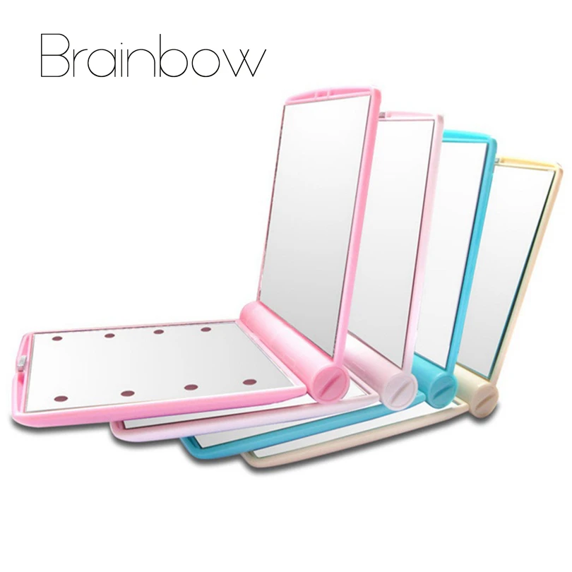 

Brainbow Makeup Mirror 8 LED Lights Lamps Cosmetic Folding Portable Compact Pocket Hand Mirror Make Up Under Lights with Bettery