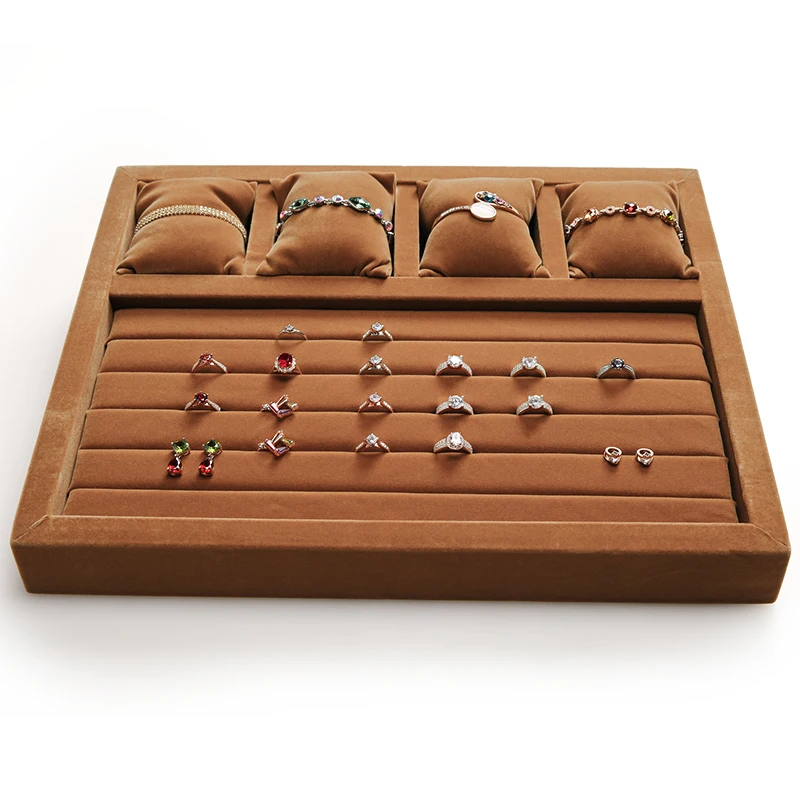 

multifunction yellow coffee velvet 5 lines ring earring display trays velvet 4 grids pillow display ring bracelet trays GD2641
