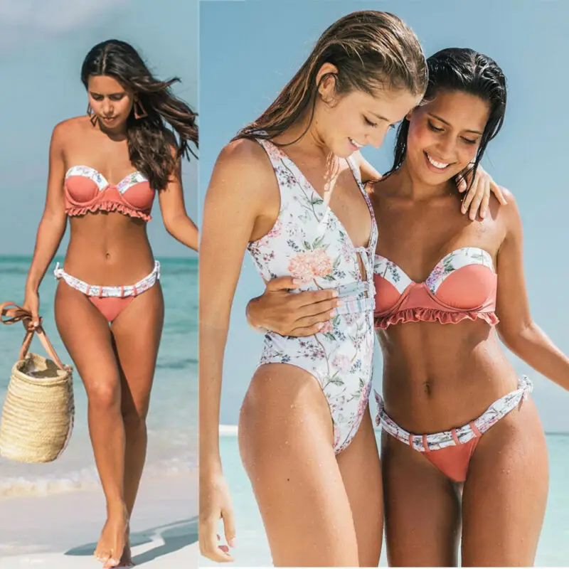 

Women Strapless Padded Bikini Set Push Up Swimsuit with Ruffle Female Summer New Floral Swimming Suit Two Piece Bathing Suit
