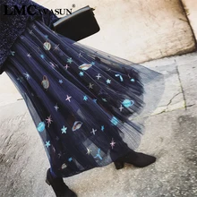 LMCAVASUN, летние женские юбки из пряжи и тюля, плиссированная сетчатая юбка с вышивкой в виде планеты для девочек, Длинная женская юбка феи