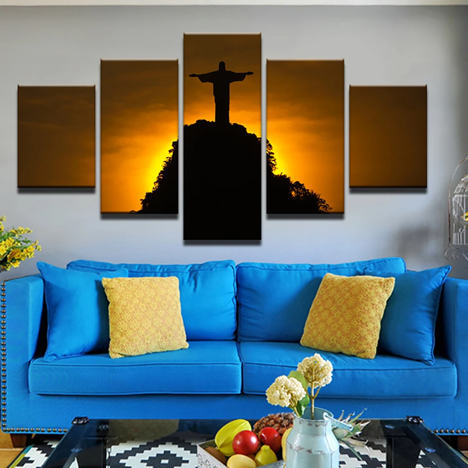 Painting Wall Art Modular Home Decoration 5 Panel Jesus Cross HD