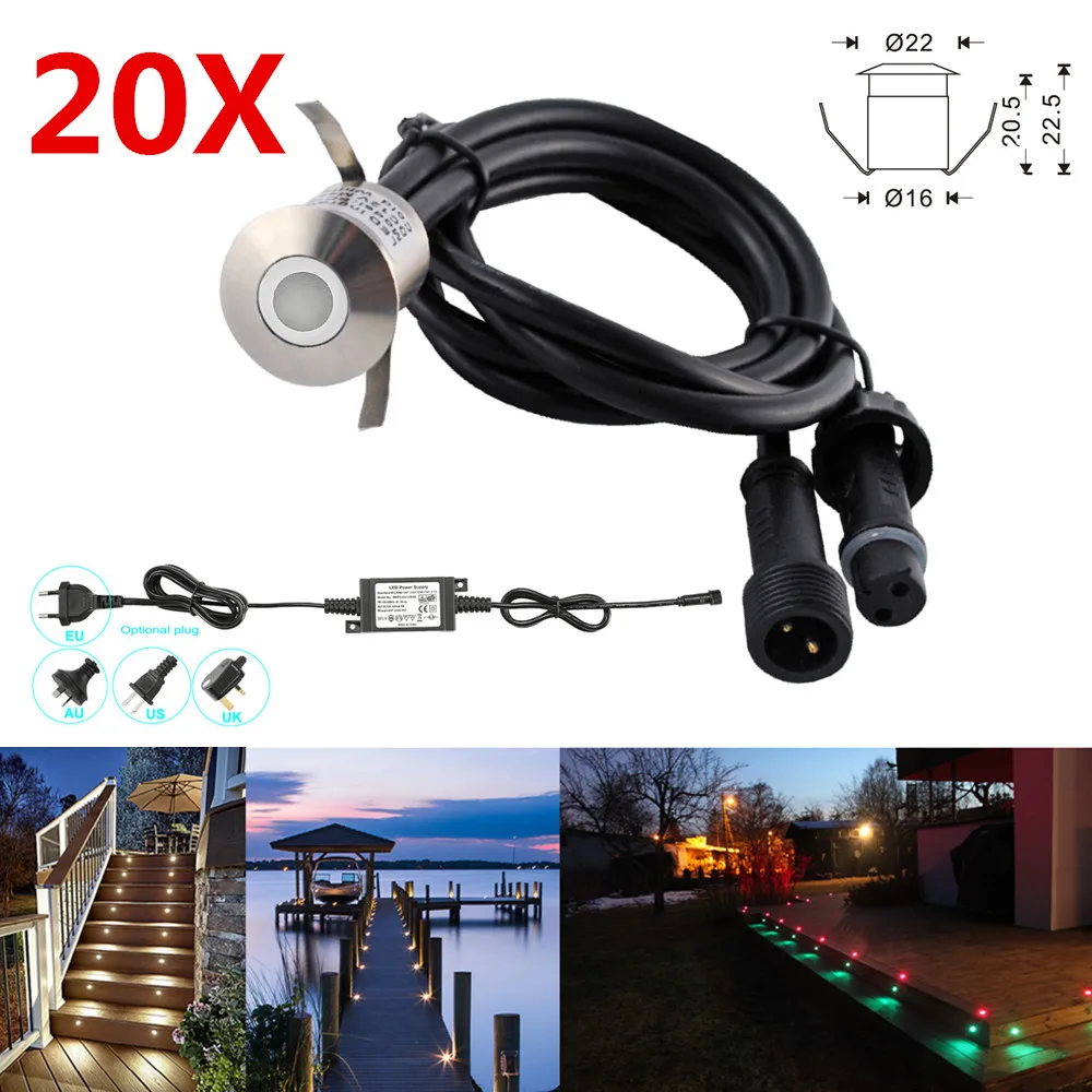 20pcs/lot 22mm 12V IP67 Garden Yard Kitchen Terrace Patio Stair Step LED Decking Rail Inground Lights Low Voltage Waterproof