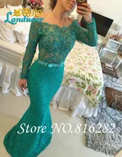 Lange Mermaid Scoop Long Sleeve Bodenlangen Perlen Spitze Abendkleid 2016 Prom Abendkleider Reizvolle Backless Vestido De festa
