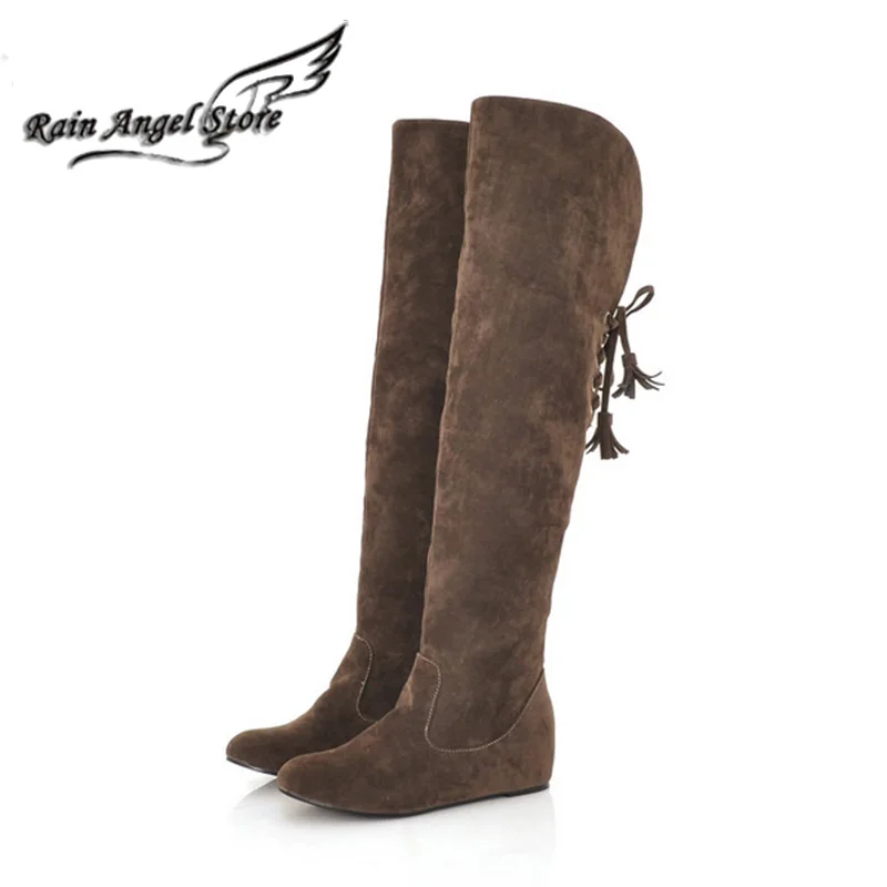 Pas cher Femmes Hiver Chaud Genou Haute Bottes de Neige Solide En Daim Cuissardes Bottes Augmenté