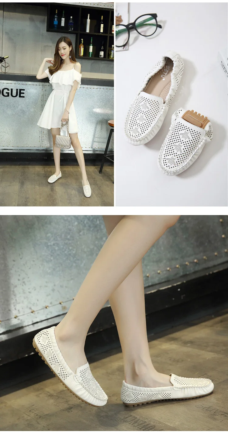 Woman Loafers PU Leather Shoes for Mother Flat with Sewing Summer Women's White Shoes Breathable Hollow Ballet Flats Black Beige (12)
