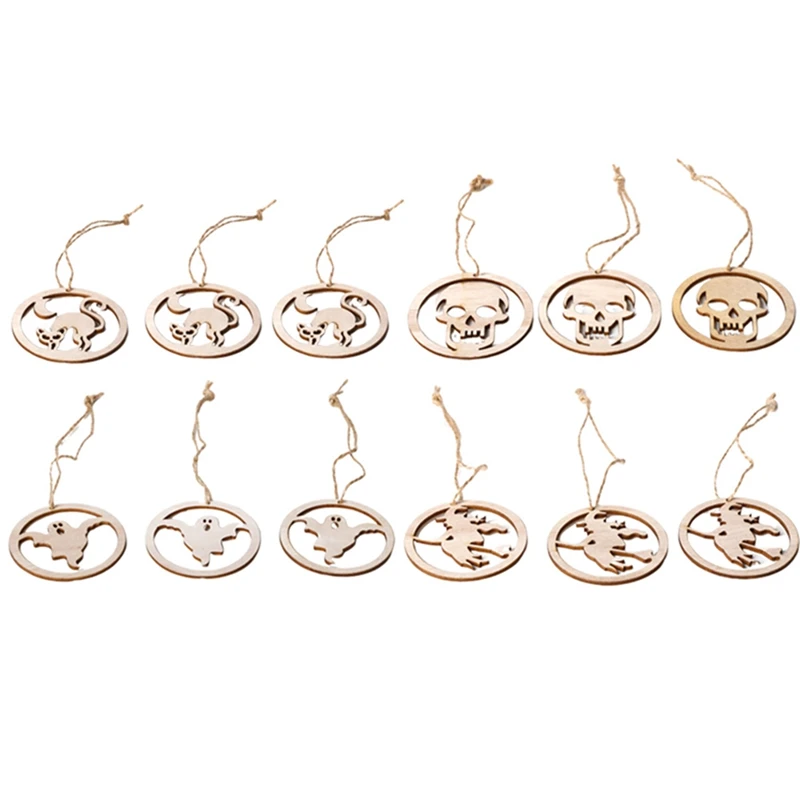 

3pcs DIY Halloween Wooden Ornaments Pendant Hanging Tag Hollow Out Ghost Pumpkin Head Carved Hanging Decor With Hemp Rope