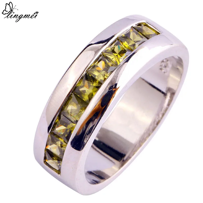 

lingmei Wholesale Fashion Unisex Jewelry Princess Peridot Silver Ring Size 7 8 9 10 For Women Men Party Rings Free Shipping
