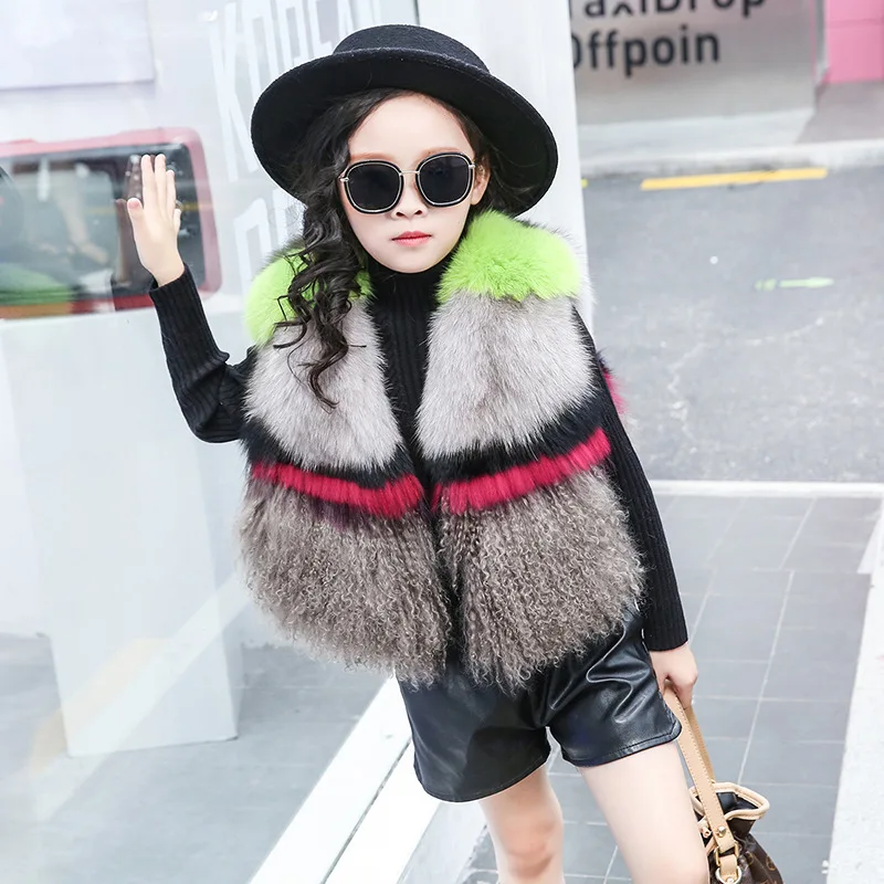 

Girls Winter Fashion Loose V Neck Sleeveless Fox Fur Vest Kids Clothes Children Mix Color Fur Thick Warm Coats Baby Vest Jackets