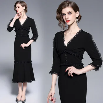 

New 2019 Spring Solid V-neck Party Dress Women's Elegant Black Lace Hem Office Work Mermaid Dress