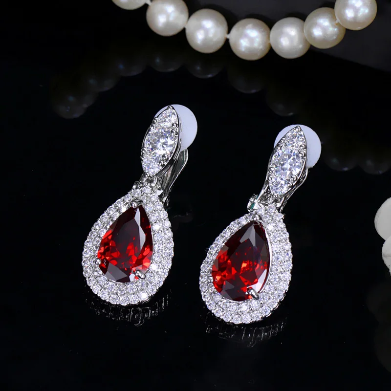 Фото CWWZircons Модные женские серьги-подвески белого и золотого цвета с фианитами Королевский синий кристалл без проколов серьги-клипсы ювелирные изделия CZ164 №4