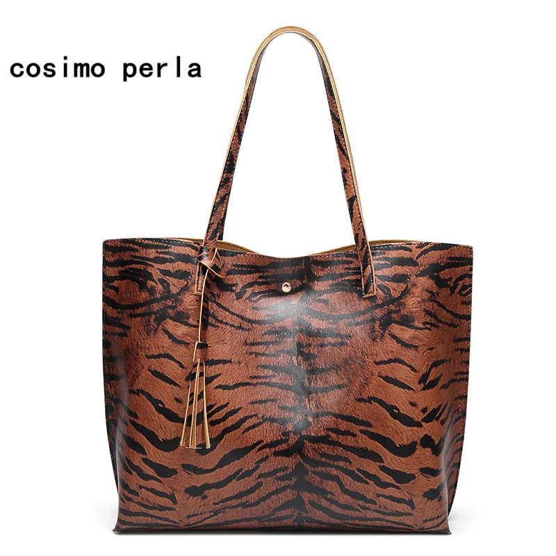 

Large Capacity Tassel Shoulder Bags PU Leather Leopard Pattern Print Women Handbags Purse European Fashion Designer Causal Totes