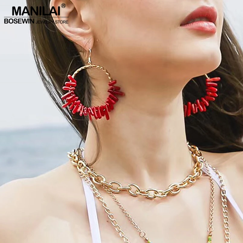 

MANILAI Charm Red Coral Earring Jewelry Fashion Copper wire circle Drop Dangle Earring For Woman Accessories Wholesale 2019