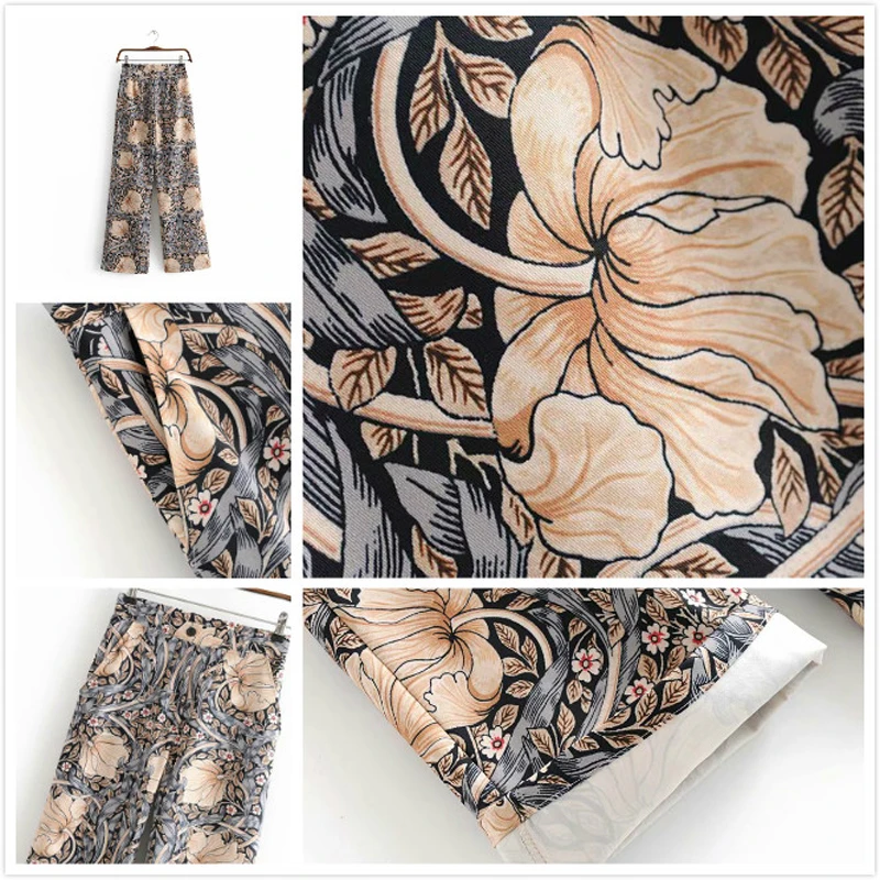 2019 Vintage Floral Print Women's Pant Suits Single Button Office Ladies Blazer Coat And Wide leg Trouser Female Two Piece Sets