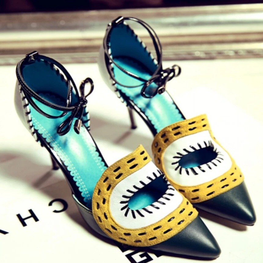 

Summer Brands Fashion Cowhide Pumps Woman Sandals 2015 Mixed colors eyelash eyes High Heels Sexy women shoes sapato feminino