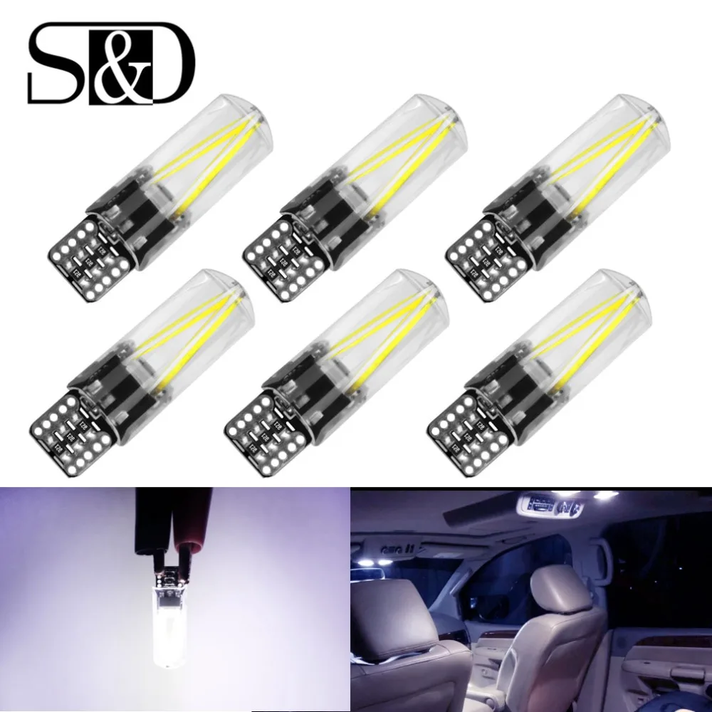 

6Pcs W5W T10 LED 194 WY5W Filament Light COB LED Glass Shell Wedge Auto Parking Bulbs CANBUS NO ERROR Car Reading Dome Lamp 12V