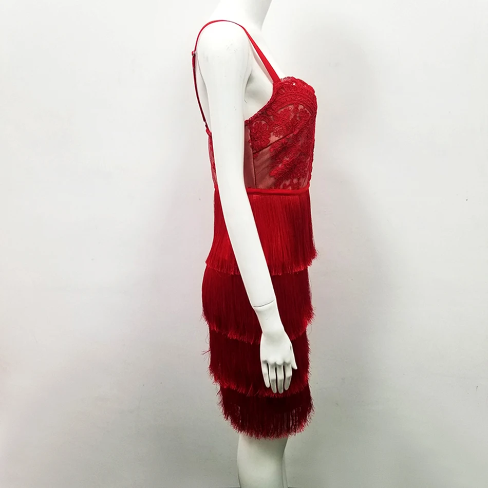 Элегантное кружевное Каскадное платье с кисточками Femme мини облегающее платье для женщин без рукавов Spagahetti на бретелях с открытой спиной Бандажное вечернее платье
