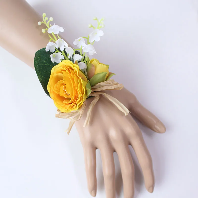 15106-Boutonniere Flowers wedding wrist corsage flowers silk roses yellow  (6)