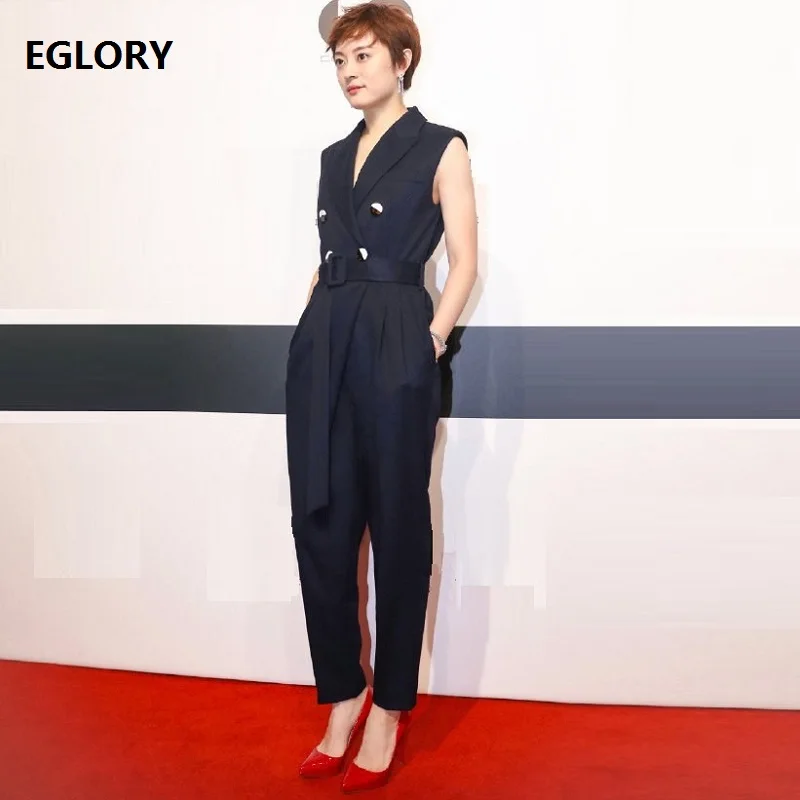 

Top Quality New 2019 Summer Fashion Office Pant Jumpsuits Women Notched Collar Double Breasted Sleeveless Jumpsuit Lady Overalls