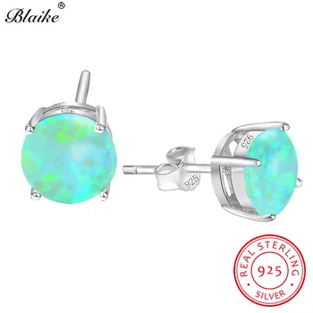 

Blaike 8MM Round Stone Green Fire Opal Stud Earrings For Women Genuine 925 Sterling Silver Birthstone Earrings Fashion Jewelry
