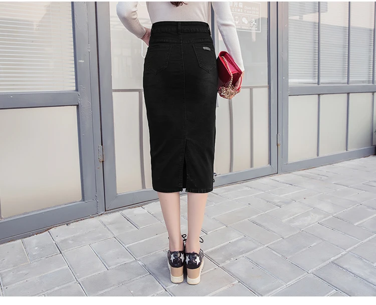 Винтажная джинсовая юбка на пуговицах с высокой талией, узкие женские юбки черного и синего цвета размера плюс S-2XL, Женская Офисная Сексуальная джинсовая юбка