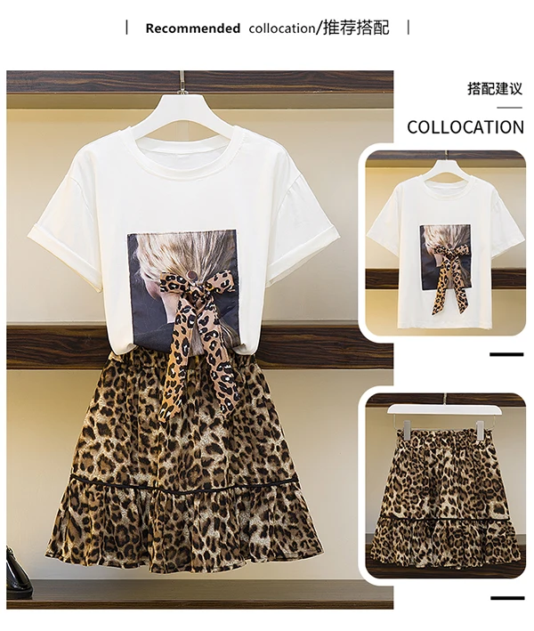 Летний комплект из 2 предметов, женские модные хлопковые футболки с бантом+ юбка с леопардовым принтом, комплекты больших размеров