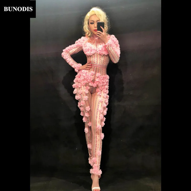 BU205 Full Of Small Pink Flowers Women Sexy Jumpsuit Nightclub Party Bodysuit Stage Wear Dancer Singer Fashion Show Costumes BU205 Full Of Small Pink Flowers Women Sexy Jumpsuit Nightclub Party Bodysuit Stage Wear Dancer Singer Fashion Show Costumes