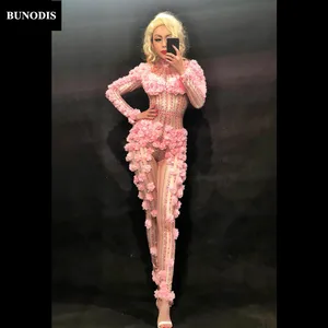 BU205 Full Of Small Pink Flowers Women Sexy Jumpsuit Nightclub Party Bodysuit Stage Wear Dancer Singer Fashion Show Costumes BU205 Full Of Small Pink Flowers Women Sexy Jumpsuit Nightclub Party Bodysuit Stage Wear Dancer Singer Fashion Show Costumes