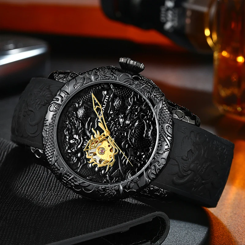 MEGALITH модные автоматические механические мужские часы с золотым Драконом, водонепроницаемые часы с силиконовым ремешком, наручные часы Relojes Hombre