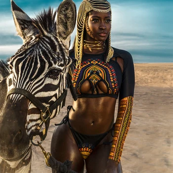 Image of African Print Long Sleeve Micro Thong Bikini  Women Swimsuit Female Brazilian Swimwear Bikini Set Bather Bathing Suit Swim