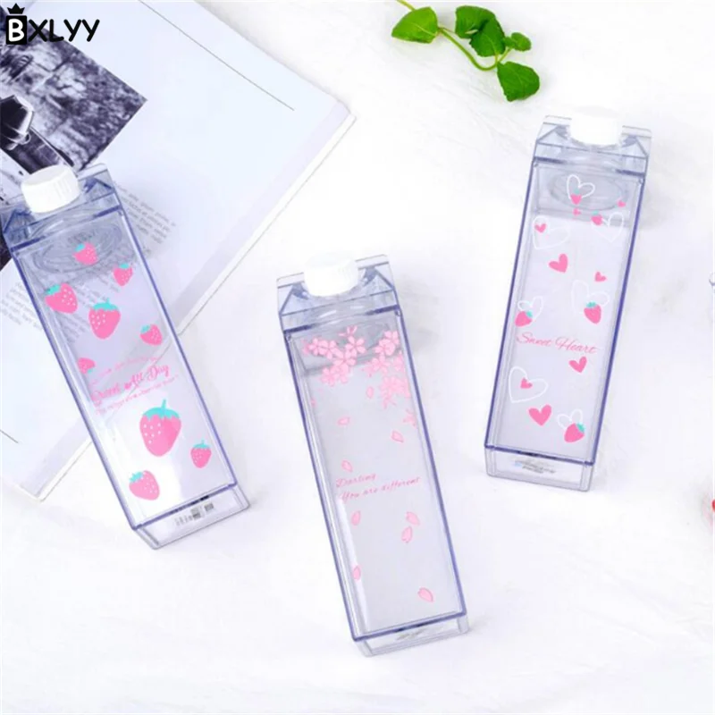 Forma de Caixa de Leite Garrafa de Água Livre ao ar Portátil de Plástico Morango Bonito Sakura Potável Bpa Livre Transparente Travel.8z