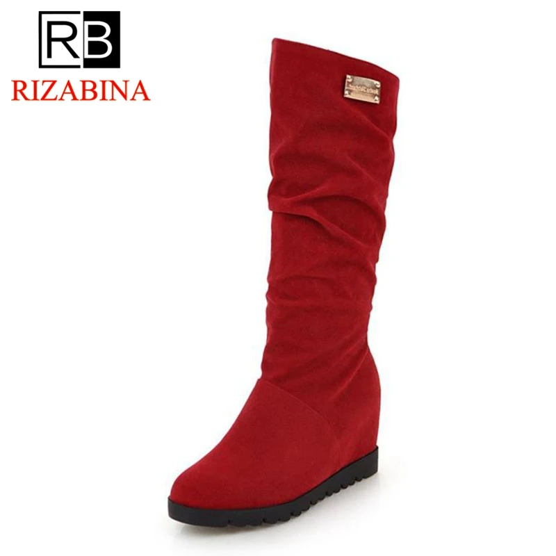 

RizaBina Women High Wedges Boots Warm Fur Flock Leather Shoes Women Inside Heel Winter Mid Calf Boots Footwear Size 33-43