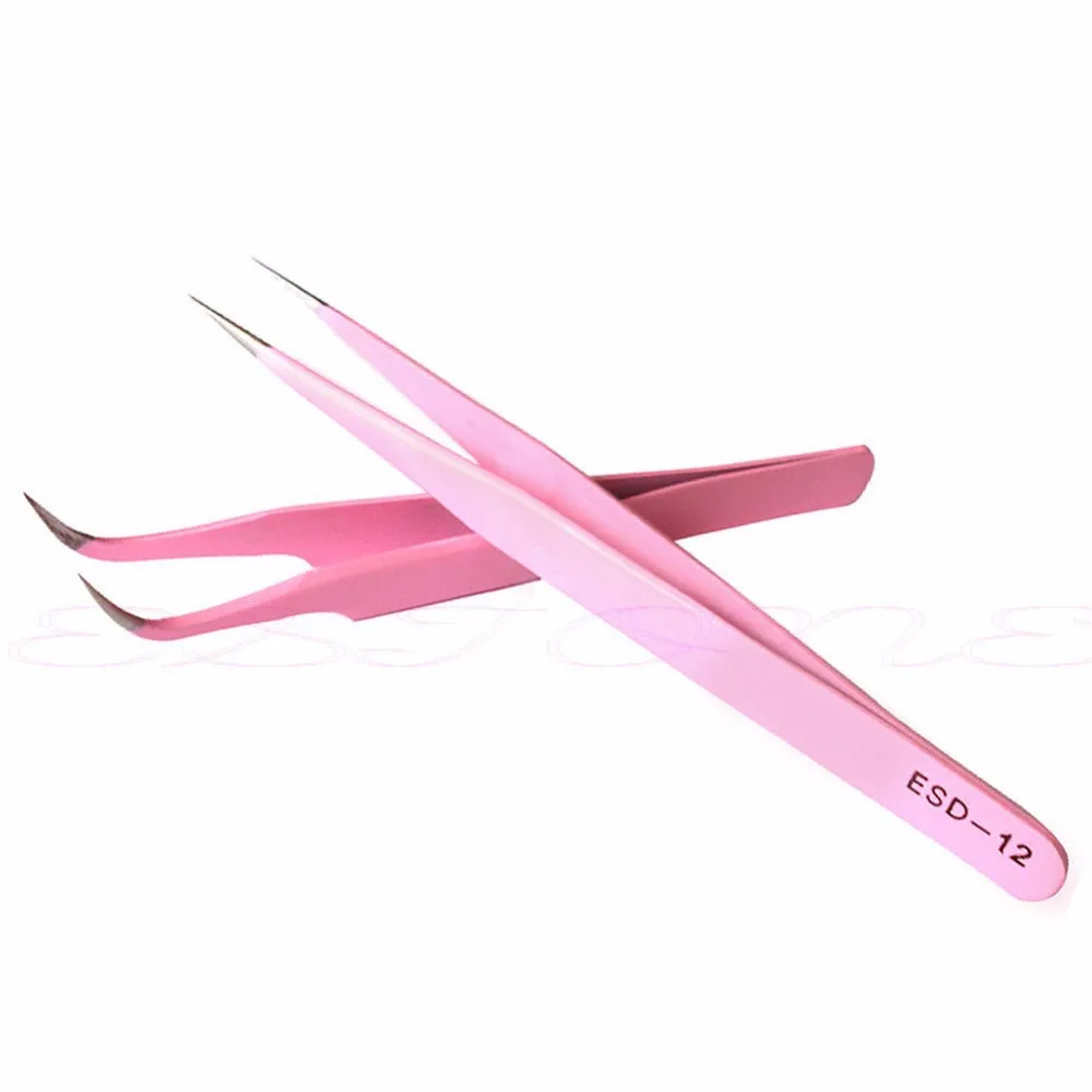 

2PCS Pink Straight & Curved Tweezer For Eyelash Extensions Nail Art Nippers