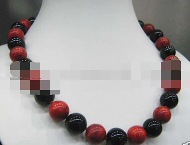 

FREE SHIPPING>>@> A906 Wonderful 14mm Round Black ONYX Red CORAL Multi-Color Strand Necklace