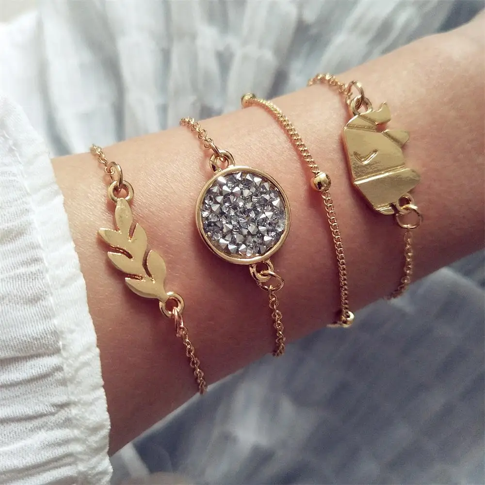 

Bohemian Leaves Elephant Round Crystal Bead Chain Gold Bracelets Lady Bohemian Party Jewelry Accessories Female Bracelet Set