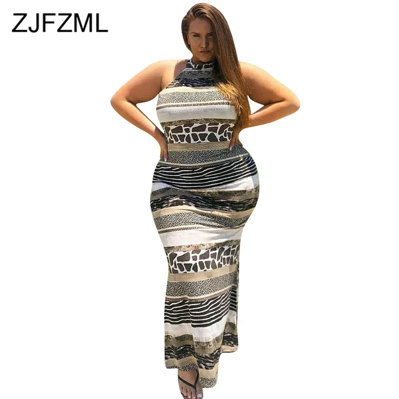

Serpentine Stripes Patchwork Plus Size Dress Women Halter Backless Maxi Summer Dress Elegant Sleeveless Causal Sheath Long Dress